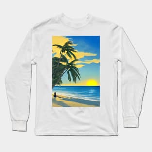 Girl Summer Sunset Palm Tree Beach Ocean Artistic Paradise Long Sleeve T-Shirt